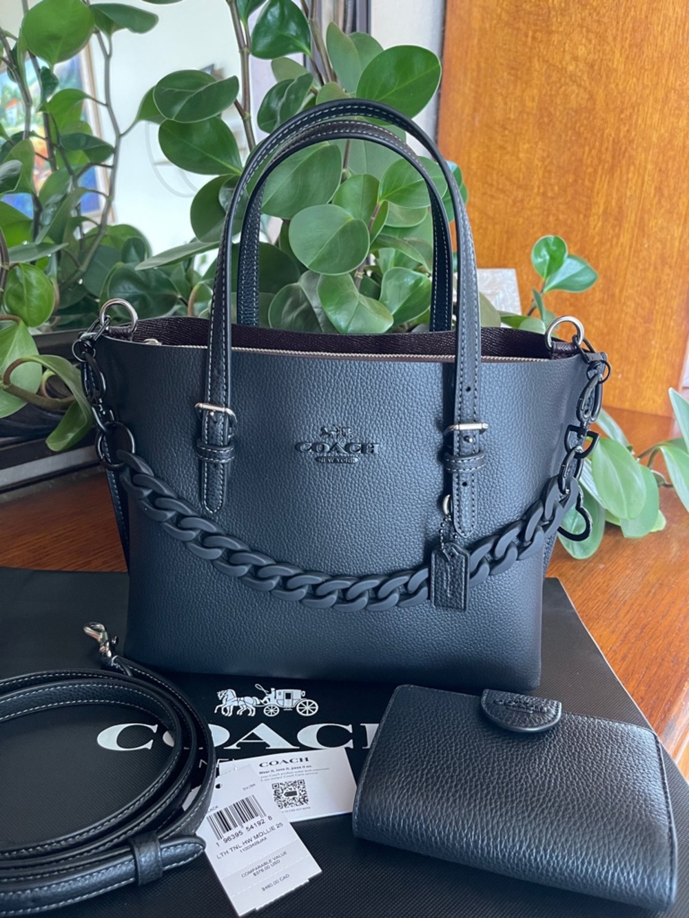 NWT Coach Black Mollie 25 Tote with Chain Strap and Matching Wallet